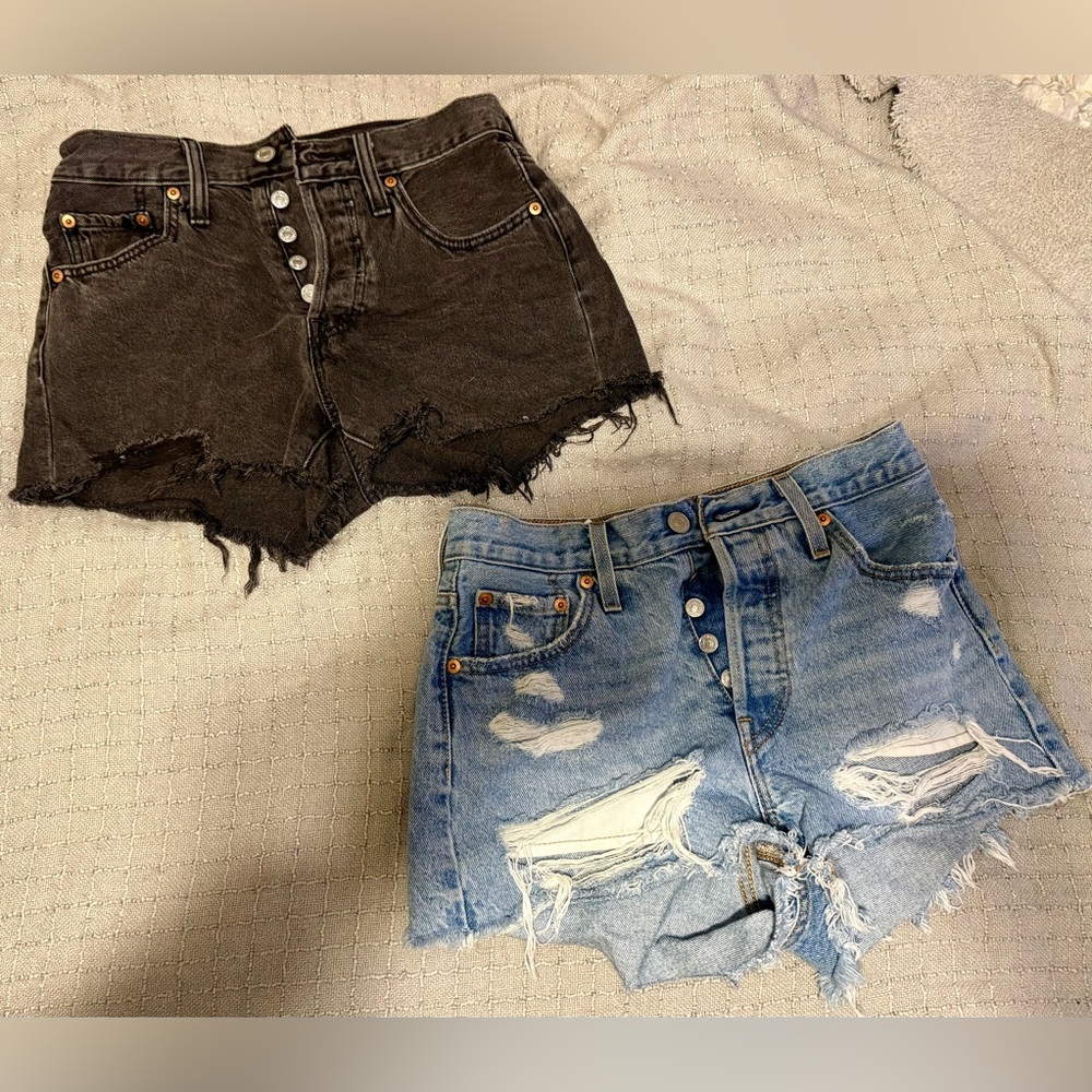Levi's High Waist Black and Blue Distressed Shorts